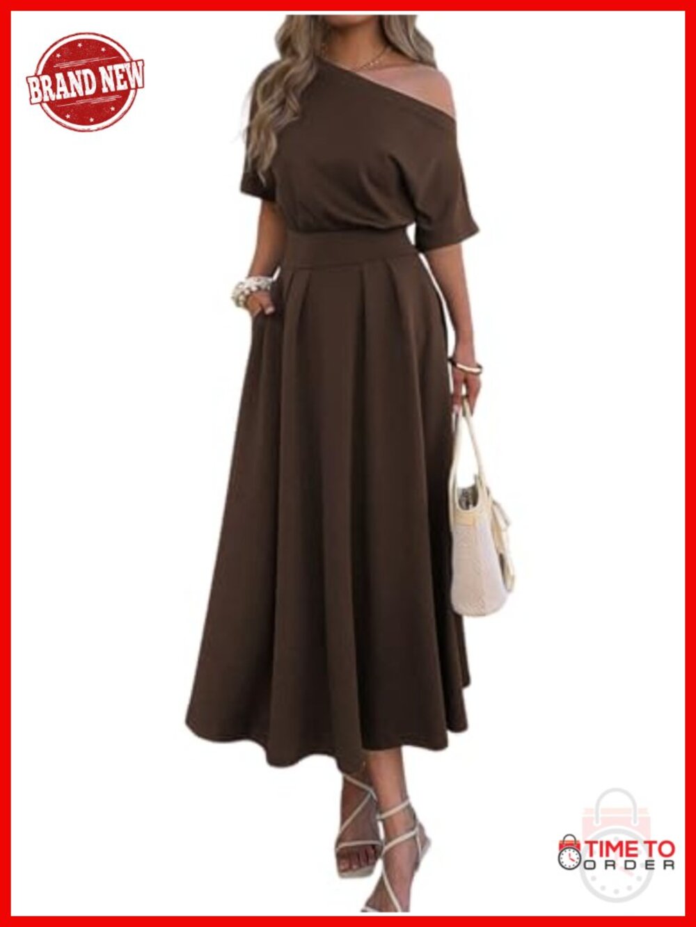 One Shoulder Empire Waist Maxi Dress with Pockets A-Line Pleated
